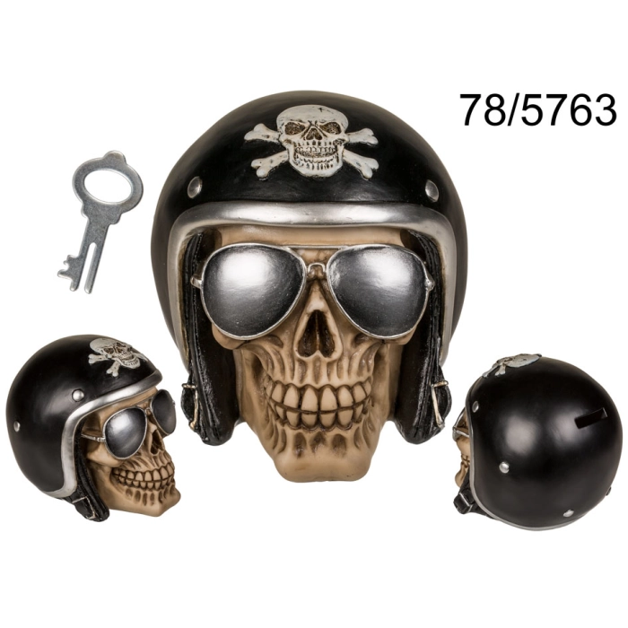 Skull in Motorcycle Helmet Money Box