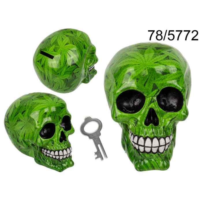 Money Box skull with marijuana leaf