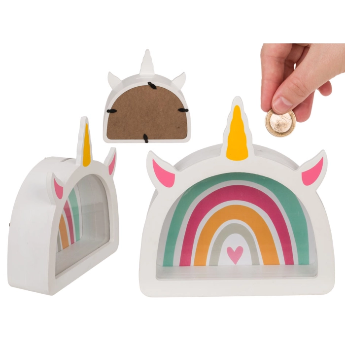 Spardose aus Holz mit Fenster - Regenbogen Einhorn