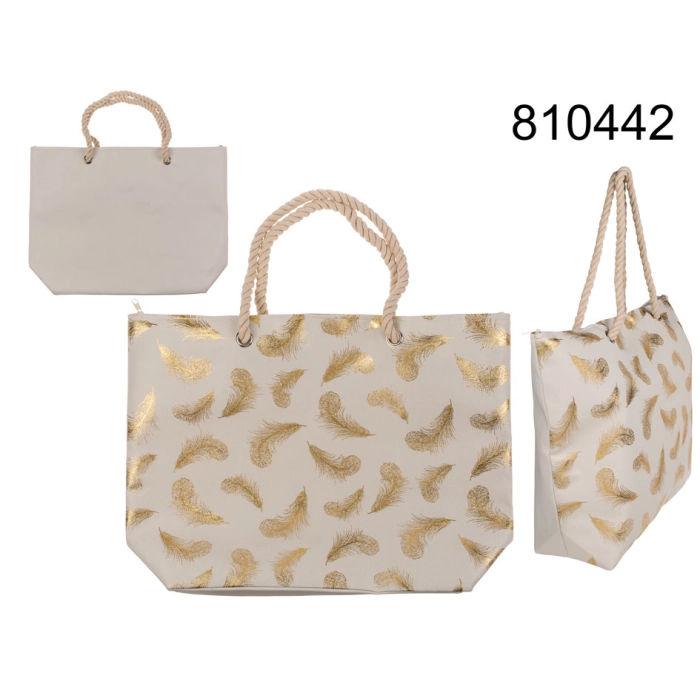 Shoper shopping bag, golden feathers beige