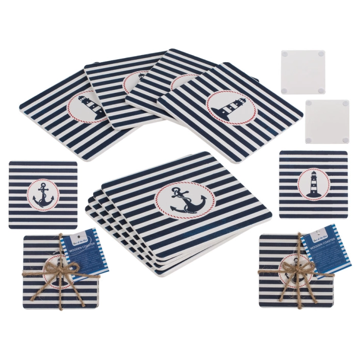 Wooden coasters for cups with a marine pattern (4 pieces)
