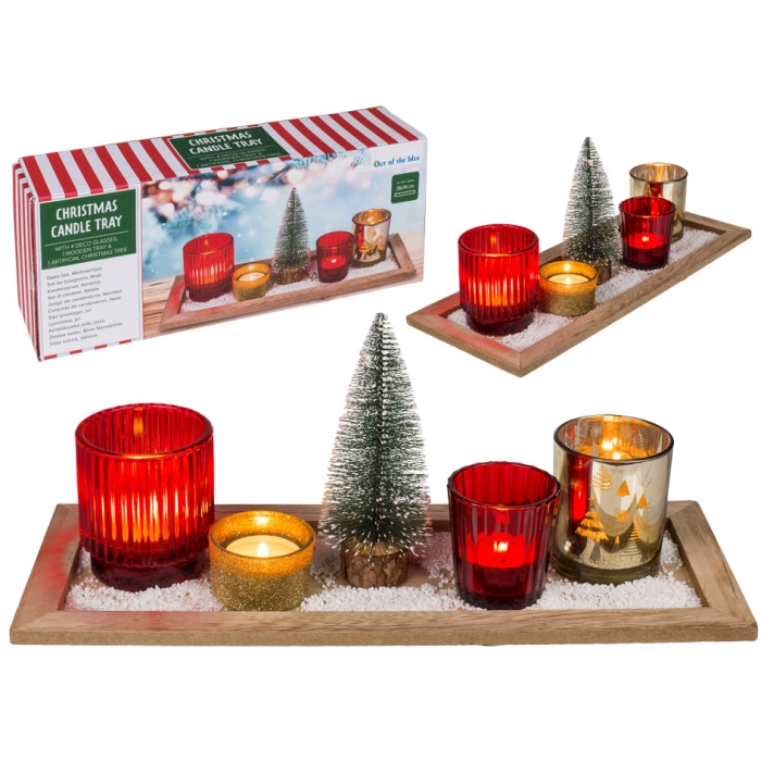 A wooden stand with candlesticks with a Christmas tree