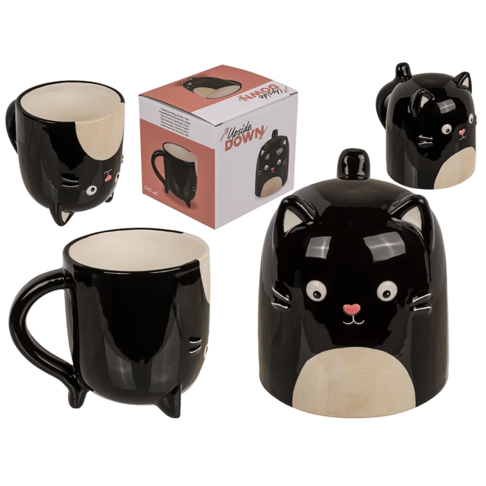 Inverted head mug - black cat 12 x 14 cm