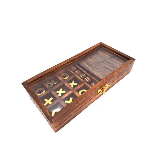 Game Set - Dominoes, Dice, Circle and Cross in a Box with Glass Top
