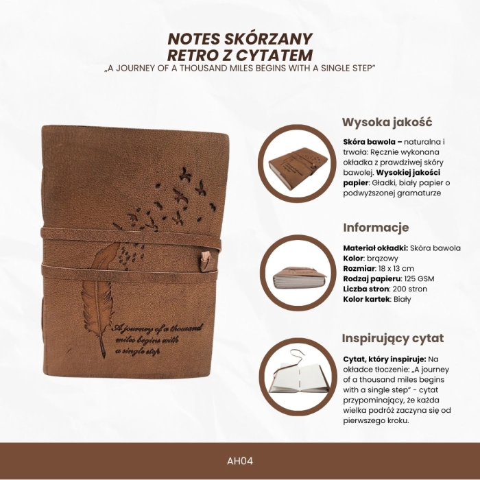 Notes skórzany Retro z cytatem – Podróż zaczyna się tutaj - Dziennik z duszą