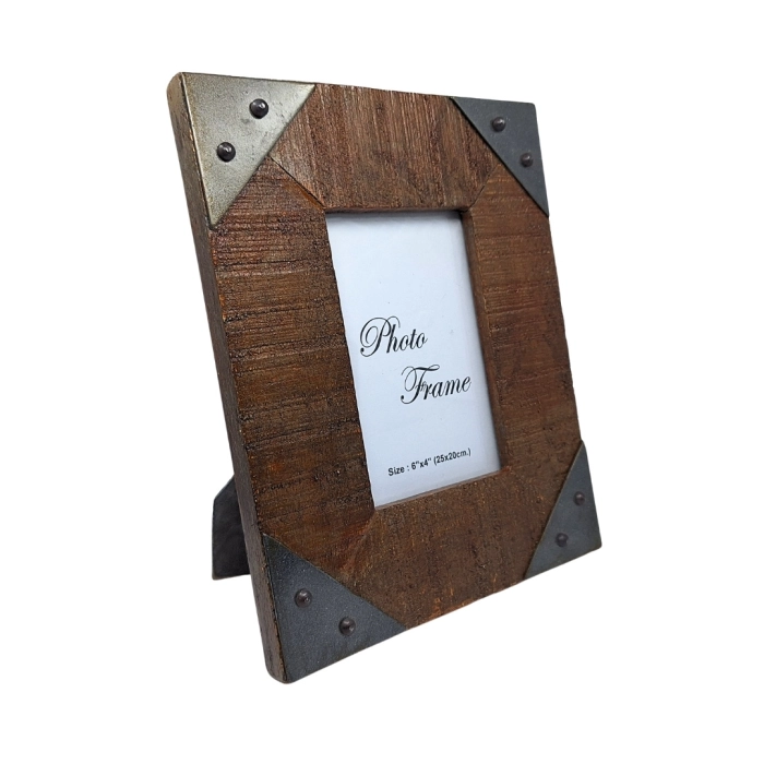 Drewniana Ramka na Zdjęcia 10x15 cm – Vintage z Drewna Mango i Metalowymi Okuciami