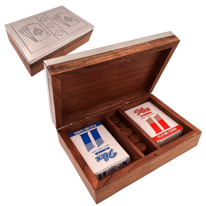 Zestaw Kart i Kości w Drewnianym Pudełku z Aluminiowym Wiekiem