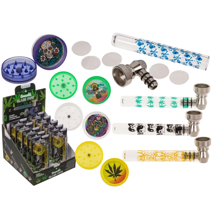 Glass Pipe with Metal Head, Grinder and Silver Filters