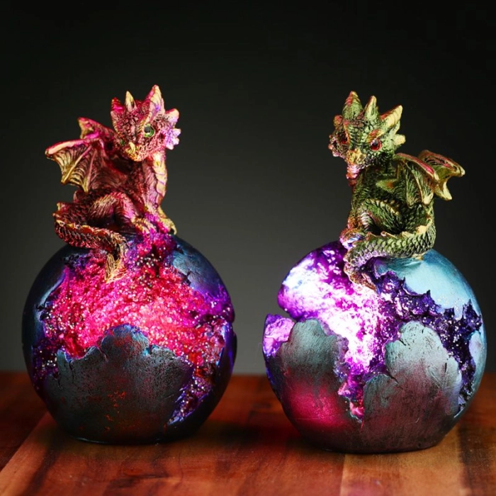 LED illuminated figurine "Dark Legends" - Little Golden Dragon on Geode