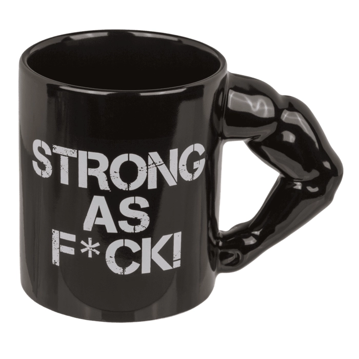 Kubek Strong as F*CK – czarny kubek z uchwytem biceps | Hurtownia prezentów i gadżetów