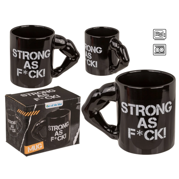 Kubek Strong as F*CK – czarny kubek z uchwytem biceps | Hurtownia prezentów i gadżetów